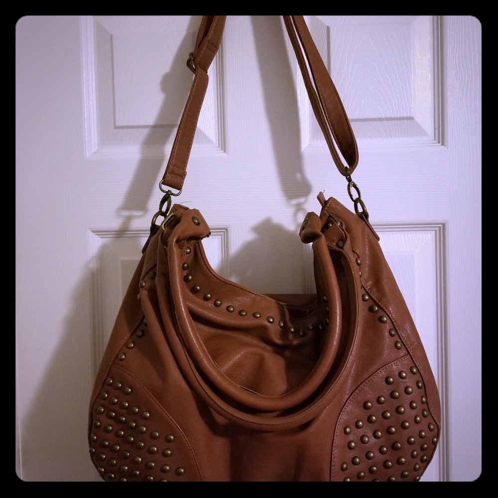 Brown gold studded handbag